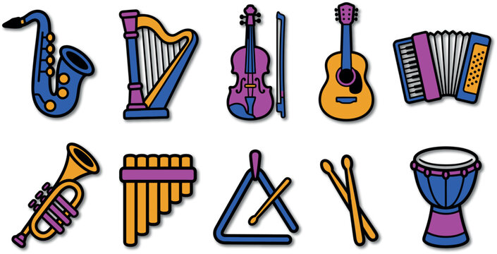 Colorful collection of musical instruments including saxophone harp and percussion