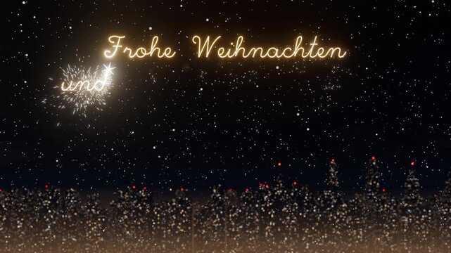 German Christmas and new year greeting is written in glowing neon text over a city skyline at night with falling snow in a 3D render