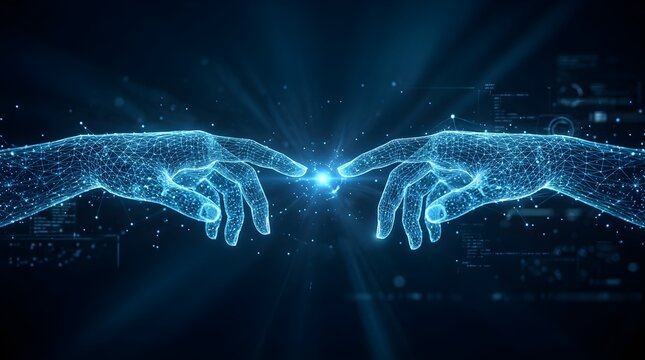 Two glowing digital human hands made of light particles reach toward each other with radiant light rays, representing connection, creation, and the fusion of technology and humanity.