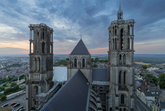 Laon, France - Exterior of Notre-Dame de Laon cathedral towers