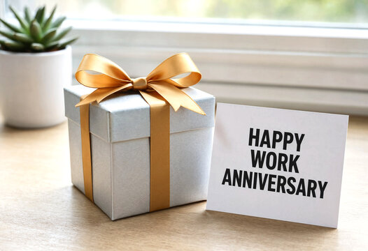 Gift box with bow celebrating happy work anniversary message card nearby