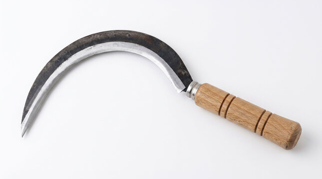 Curved metal harvesting sickle with wooden handle isolated on white background.