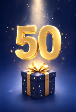 Golden fifty number celebration gift box with starry background design