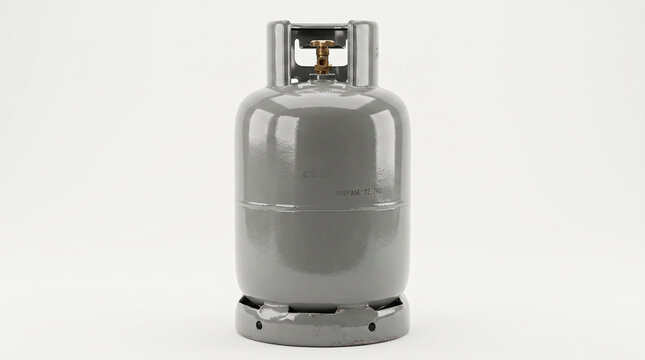 Grey metal propane gas cylinder container isolated on white background.