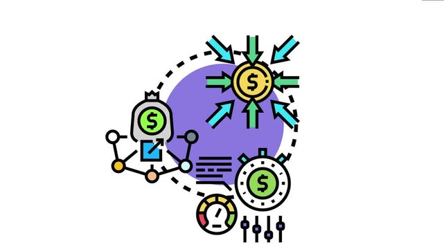 Net earnings concept showing money inflow and outflow converging on revenue, a financial bag, data analytics, and performance measurement for business profit