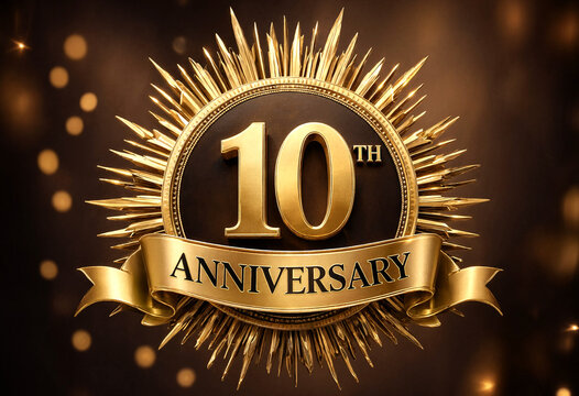 Golden ten year anniversary celebration badge with decorative rays and ribbon