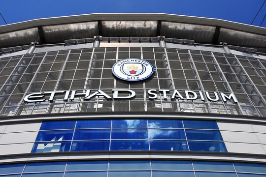 Manchester City Etihad Stadium club entrance with Crest. Badge.