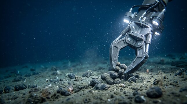 Robotic arm collecting polymetallic nodules on the deep ocean floor