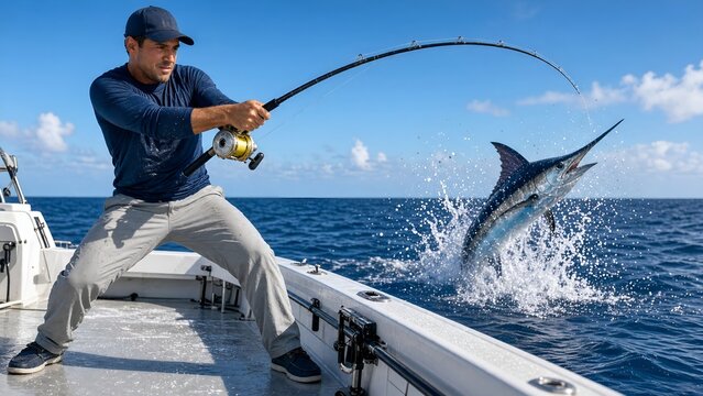 Fisherman Fighting to Catch a Big Marlin Fish While Deep Sea Fishing from a Boat