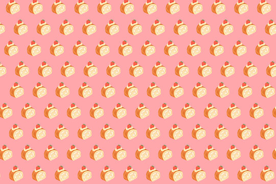 Seamless strawberry Swiss roll cake pattern on pink background