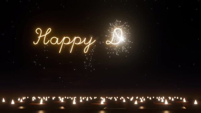 A 3D render of a glowing Happy Diwali greeting written in golden neon cursive script above rows of burning clay diya lamps, under a starry night sky