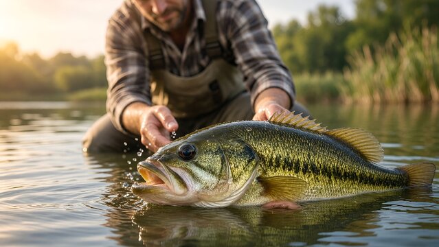 Fisherman Holding Large Bass Fish in River Water During Sunset Golden Hour