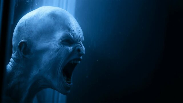 Creepy pale monster screaming in dark rainy night. Horror creature with bald head roaring through glass. Scary halloween nightmare concept for thriller movie