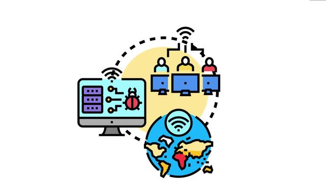 Network users, a global digital network, and a computer system with a bug icon illustrate the concept of network traffic interception, emphasizing cybersecurity threats and data surveillance