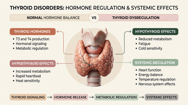 Educational infographic explaining thyroid gland function and common hormone dysregulation effects