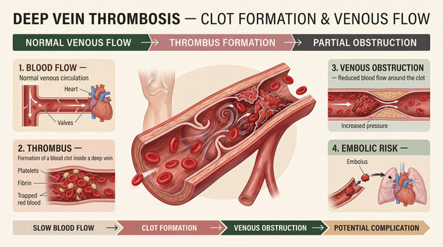 Educational infographic explaining deep vein thrombosis, blood clot formation and venous flow