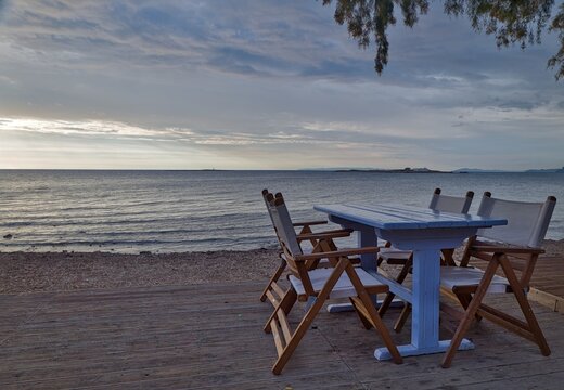 Empty Seaside Caf&eacute; at Agios Nikolaos, Artemida, Greece
