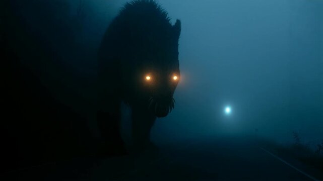 Mysterious monster with glowing eyes emerging from fog on dark night road. Scary creature silhouette in mist. Horror monster, Halloween and creepy urban legend