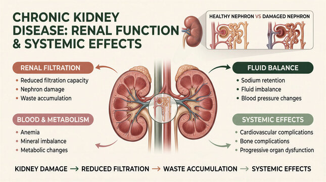 Educational infographic explaining chronic kidney disease, renal function, and systemic effects