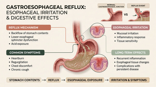 Medical infographic explaining gastroesophageal reflux disease and its digestive system effects
