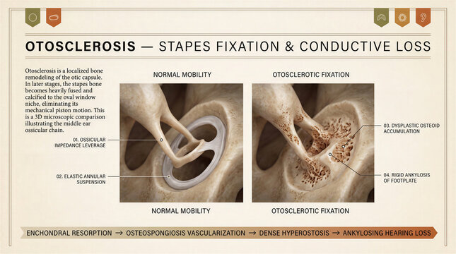 Medical infographic comparing normal stapes mobility with otosclerotic fixation in the ear