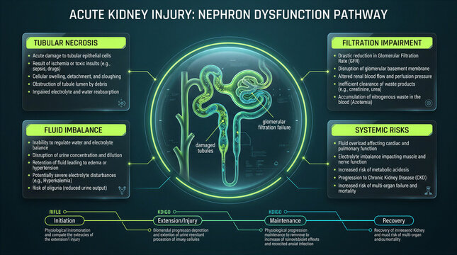Medical infographic explaining the pathophysiology and progression of acute kidney injury