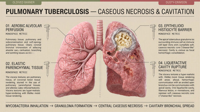 Medical infographic showing pulmonary tuberculosis with caseous necrosis and lung cavitation