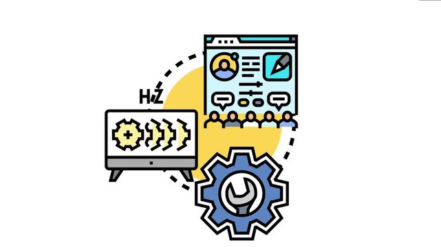 Network settings panel displaying an interface with user profiles, configuration options, chat tools, and symbols of technical support and control