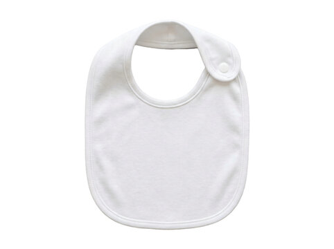 Plain white baby bib mockup | Soft cotton infant drool bib with snap closure | Blank newborn feeding accessory on gray background | Essential baby clothes for sublimation design