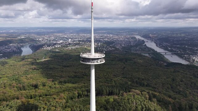 Kuhkopf telecommunications tower overlooking koblenz cityscape and rivers
