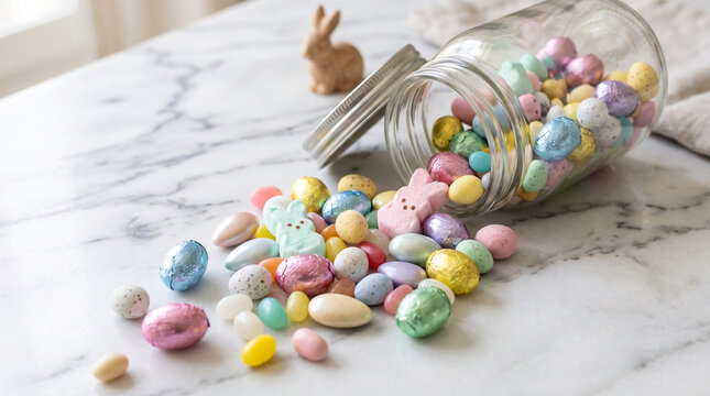Colorful Easter candies spilled from a glass jar on marble surface  