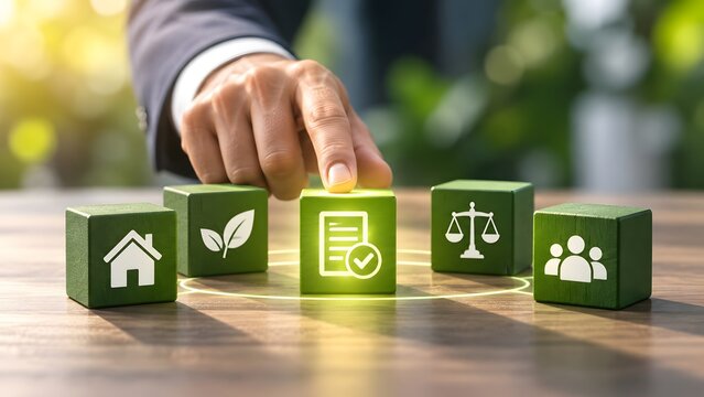 Hand pressing glowing compliance document icon on green wooden block among ESG symbols