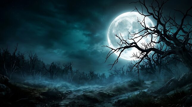 Full moon rising over a dark misty forest with leafless dead trees at night
