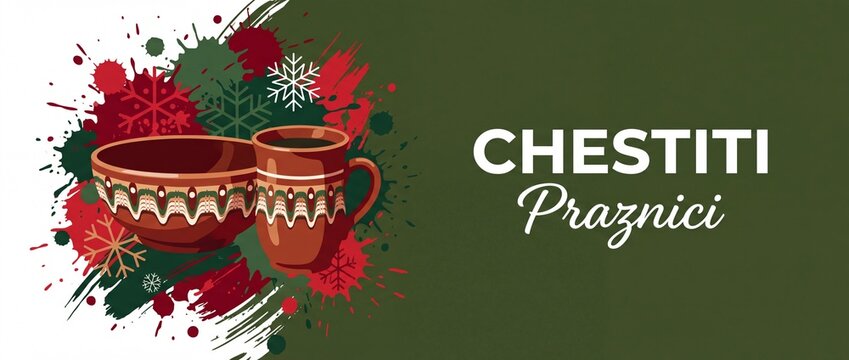 Bulgarian Christmas Holiday Greeting Banner with Traditional Ceramic Pottery, Troyan Folk Pattern, Snowflakes, Paint Splatters, and Chestiti Praznici Text for Winter Season Festival Background Design