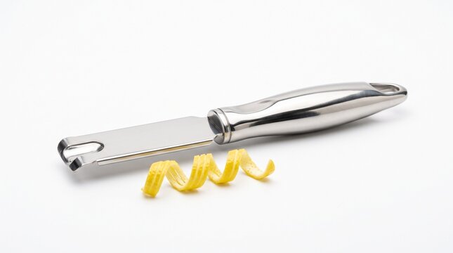 Stainless steel citrus zester with a fresh lemon peel twist on a clean white background