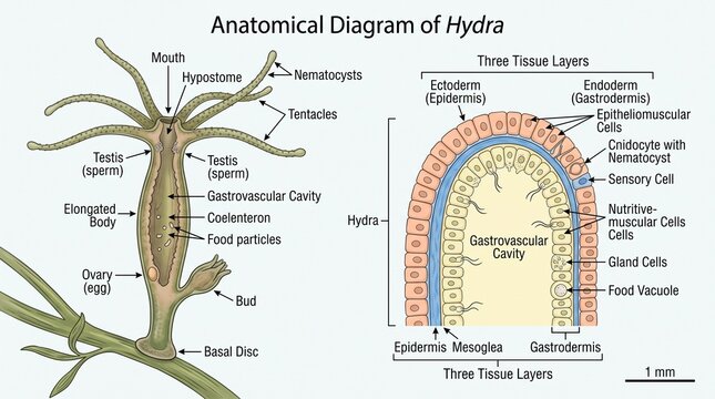 Scientific Anatomical Diagram of a Freshwater Hydra Organism