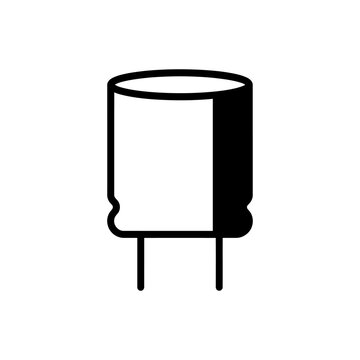 Black and white icon of an electrolytic capacitor electronic component.