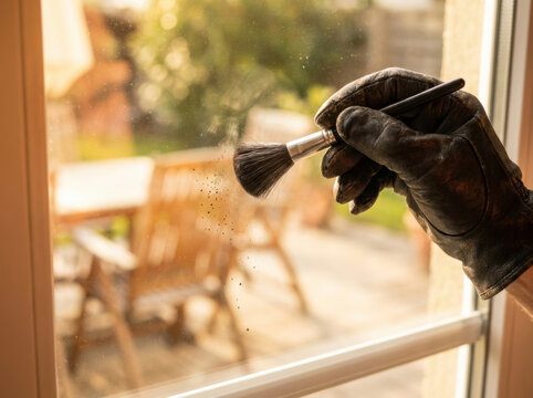 Gloved hand applying investigator powder to window surface, with dust particles floating in warm sunlight