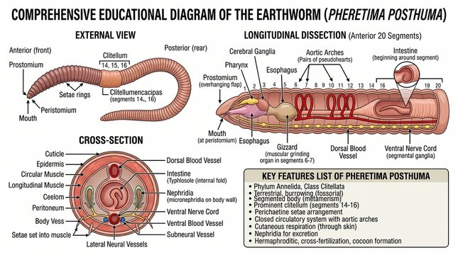 Earthworm biology diagram showing external and internal anatomy