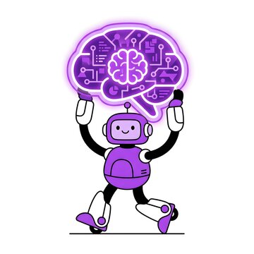 Cute purple robot holding a glowing digital brain illustration