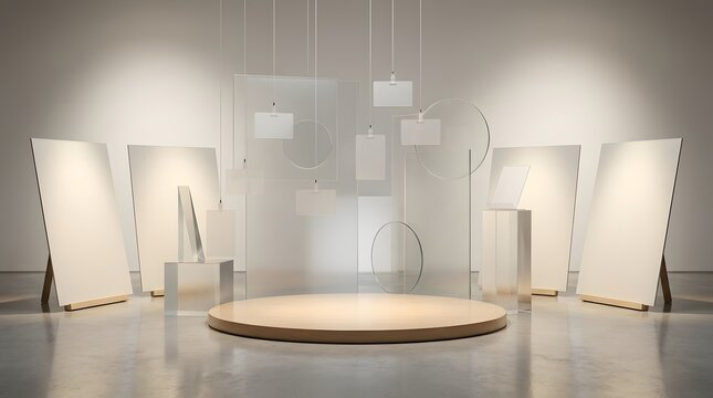 Empty round podium with minimalist panels in soft studio light