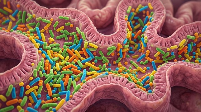 Gut microbiome with colorful bacteria inside human intestine
