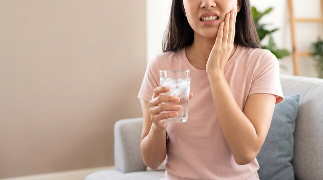 Young woman suffering from toothache holding glass of water with dental pain sensitive teeth tooth pain dental problem health issue oral health sore tooth dental care mouth pain dental sensit