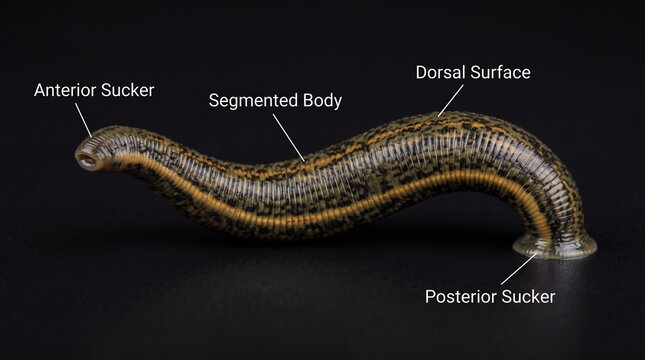 Anatomy of a medicinal leech with descriptive labels