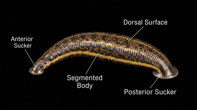 Leech anatomy diagram showing suckers and segmented body on black