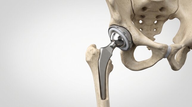 Hip replacement surgery implant in human pelvis and femur anatomy