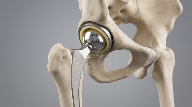 Metal hip replacement prosthesis inside human pelvic bone and femur