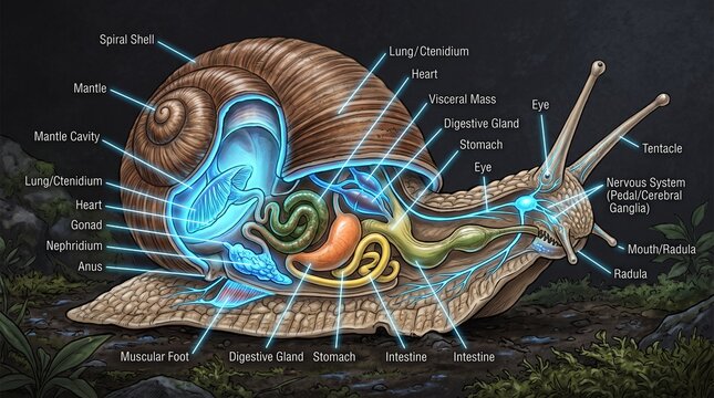 Detailed Anatomical Diagram of a Snail with Internal Organ Labels