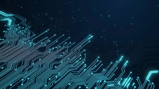 Glowing circuit board patterns emerge with subtle light particle effects during a futuristic digital data flow concept against a dark background