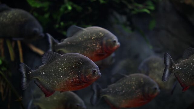 School of red bellied piranhas swimming in dark aquarium water
